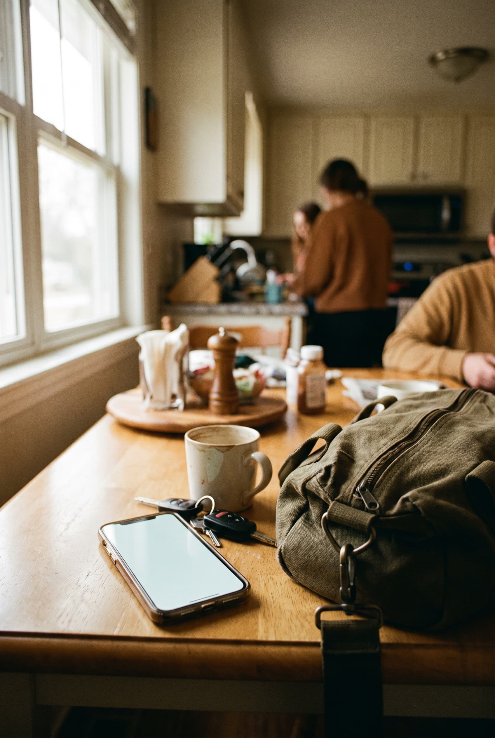 A phone, car keys and a packed duffel bag on a kitchen table at home on the morning of a long drive