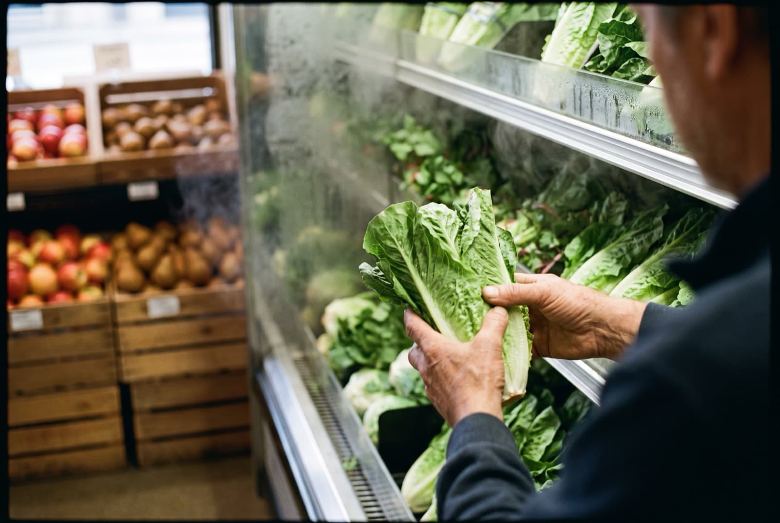 Choosing produce in the aisle at the grocery store in Pagosa Springs
