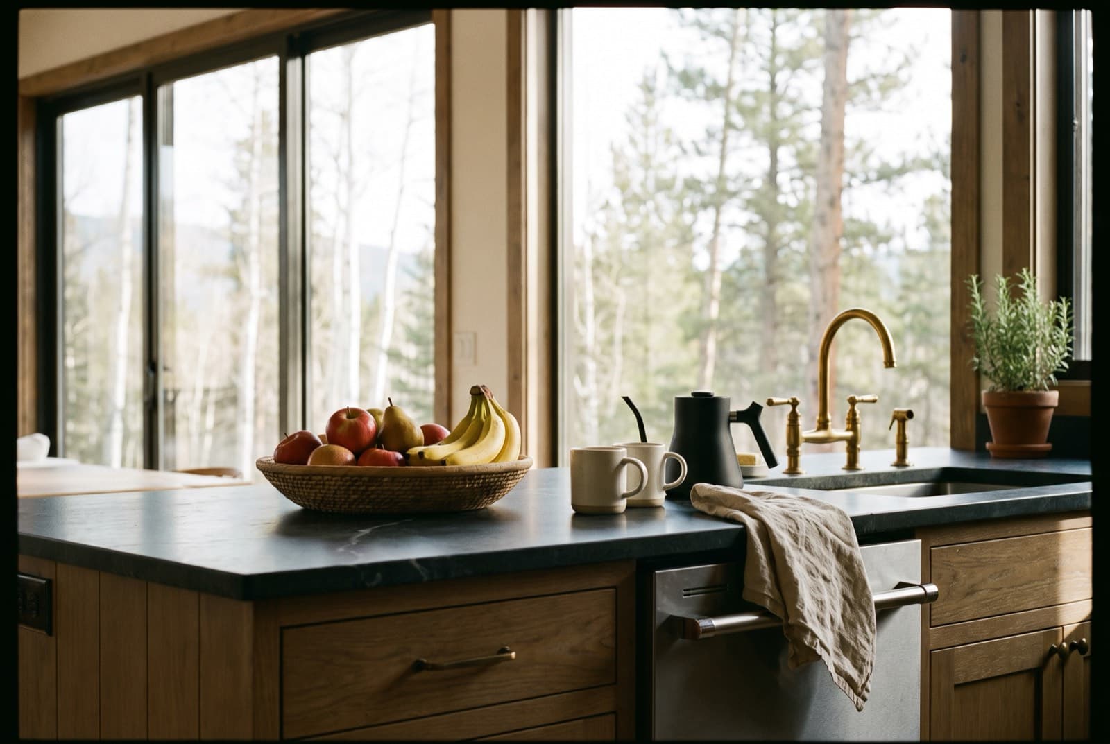 A kitchen counter with a bowl of fruit, coffee mugs and a kettle set out, mountains through the window behind